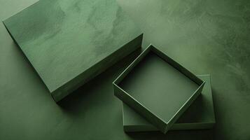Luxury green box with nature-inspired texture for elegant packaging. Minimalist style exudes sophistication. photo