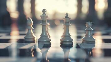 Chess pieces on a reflective chessboard in a strategic game setting with soft blurred background photo