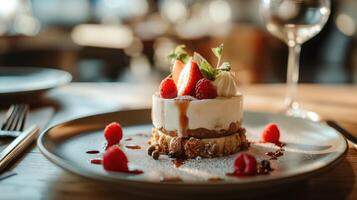 Elegant dessert with fresh strawberries, raspberries, and mint on a plate in fine dining setting photo