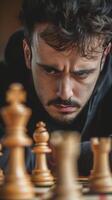 Intensely focused man chess player contemplates next move. Chess Championship. Hobby. photo