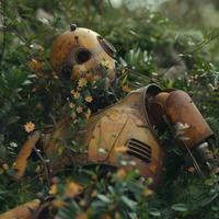 A dead old and rusty body of a robot lying in the forrest, plants and flowers grow out of the body of robot photo