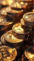 Close-up Bitcoin coins. Blockchain, mining concept. Stacked virtual currency. Cryptocurrency. photo