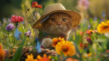 Gardener cat. A tabby cat in a straw hat sits in the garden. Cat in a blooming garden photo