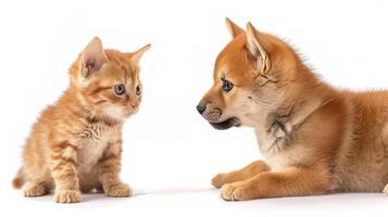 Adorable golden tabby cat and Shiba Inu puppy friends on white background. pet and family themes. photo