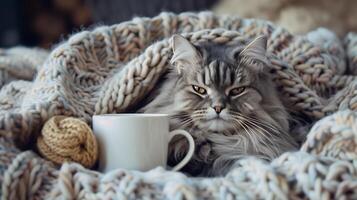Gray Siberian cat on knitted blanket with coffee. Cute kitten, cozy visuals. photo