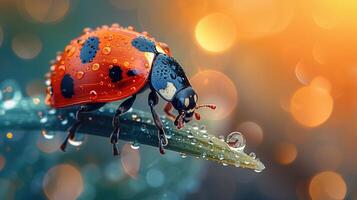 Close-up of a ladybug with water droplets on a plant stem in warm sunlight, macro detail photo