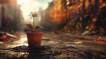 Potted daisy in tiny clay pot with autumn leaves and sunlight on a city road, fall urban scene photo