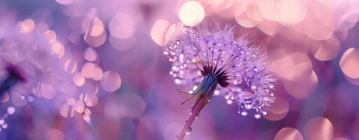 Close-up of dandelion seed head with water droplets against a vibrant purple bokeh background photo