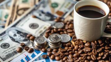 Cup of coffee with beans, dollar bills, and coins symbolizes rising coffee prices and Coffee business photo