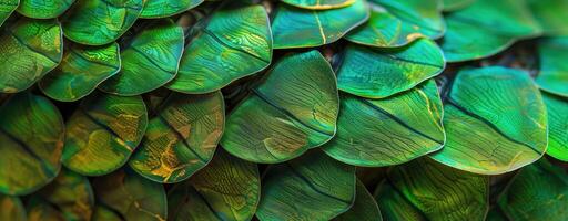 Close-up of overlapping green scales texture. Reptilian or mermaid backgrounds and design projects photo