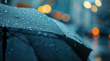 Close-up of black umbrella with raindrops on its surface during rainy weather photo