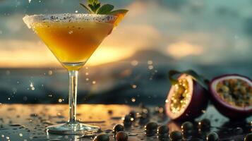 Passion fruit martini cocktail on exotic background. Elegant and delicious photo