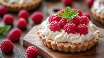 Close-up of bright raspberry tart with cream and fresh raspberries on wooden table in natural light photo
