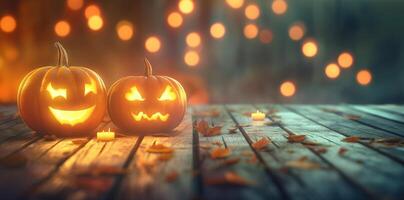 Glowing jack-o-lanterns on wooden table with autumn leaves create a spooky Halloween vibe photo