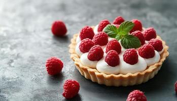 Close-up of bright raspberry tart with cream and fresh raspberries on a table in natural light photo