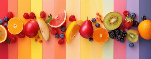 Colorful fruit collage on vibrant striped background, vivid and fresh fruit assortment photo