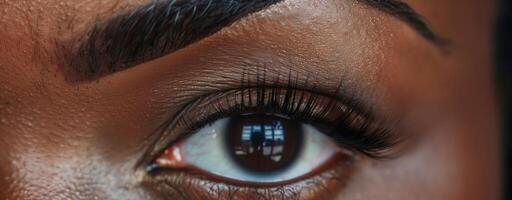 Close-up of African American womans eye with long lashes and well-groomed eyebrow natural makeup photo