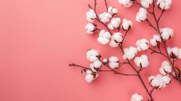 Cotton flowers on branches against a pink background, natural softness and elegance. textile photo