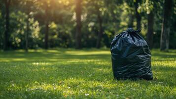 Garbage bag on green lawn. environmental pollution. cleanliness efforts. Park cleaning day. photo