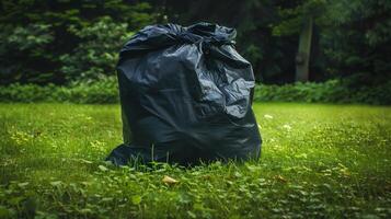 Garbage bag on green lawn. environmental pollution. cleanliness efforts. Park cleaning day. photo
