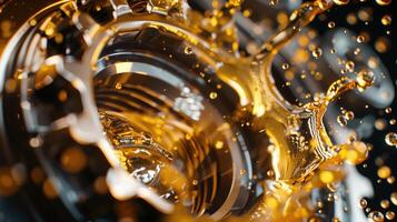 Close-up of metal bearing with dynamic oil splashes. machinery lubrication and maintenance photo