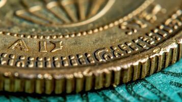 Close-up of coin edge. serrations and detailed texture pattern of golden coins in macro view photo