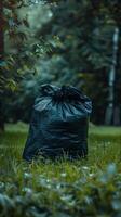 Garbage bag on green lawn. environmental pollution. cleanliness efforts. Park cleaning day. photo