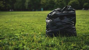 Garbage bag on green lawn. environmental pollution. cleanliness efforts. Park cleaning day. photo