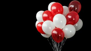 A big bunch of red and white balloons on a black background, Festive party atmosphere. Celebrations photo