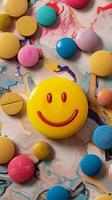 Colorful pills with a smiling face, promoting health and positivity in healthcare. photo