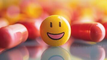 Colorful pills with a smiling face, promoting health and positivity in healthcare. photo