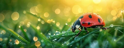Close-up of a ladybug with water droplets on a plant stem in warm sunlight, macro detail photo