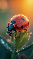 Close-up of a ladybug with water droplets on a plant stem in warm sunlight, macro detail photo