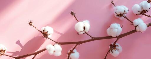 Cotton flowers on branches against a pink background, natural softness and elegance. textile photo
