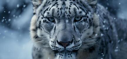 Close-up of a snow leopard face, falling snowflakes enhancing the winter wildlife atmosphere photo