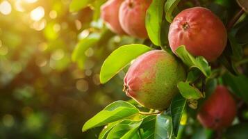 Ripe guava fruit on tree branch. Close-up view. Healthy eating concept. Juicy tropical fruit. photo
