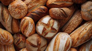 Assorted bread types stacked, forming a textured, inviting sea of bread. Top view for bakery, blog, magazine. photo
