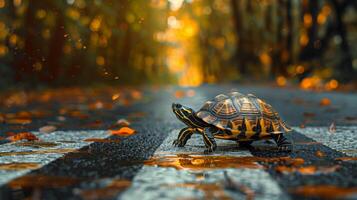 Close-up image of a turtle crossing a road. Bright yellow lines. A blend of nature and human constructs photo