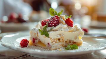 Layered dessert with raspberries, mint leaves, and powdered sugar in a gourmet dining setting photo