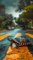 Close-up image of a turtle crossing a road. Bright yellow lines. A blend of nature and human constructs photo