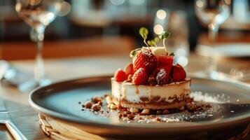 Elegant dessert with fresh strawberries, raspberries, and mint on a plate in fine dining setting photo