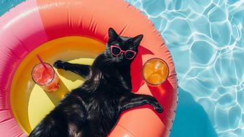 A black cat in sunglasses lounges in a pool on an inflatable ring with cocktails, exuding contentment and humor. photo
