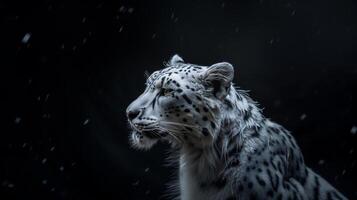 Profile of a majestic snow leopard with an intense gaze against a dark background photo