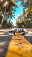 Close-up image of a turtle crossing a road. Bright yellow lines. A blend of nature and human constructs photo