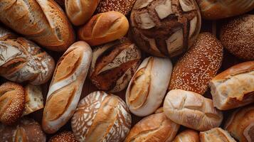 Assorted bread types stacked, forming a textured, inviting sea of bread. Top view for bakery, blog, magazine. photo