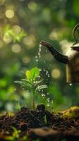 A seed sprouts in fertile soil, watered by droplets from a teapot. Radiates vitality, beauty, and the miracle of growth. photo