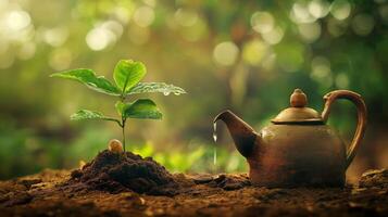 A seed sprouts in fertile soil, watered by droplets from a teapot. Radiates vitality, beauty, and the miracle of growth. photo