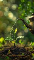 A seed sprouts in fertile soil, watered by droplets from a teapot. Radiates vitality, beauty, and the miracle of growth. photo