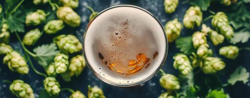 Top view of fresh glass of beer surrounded by green hops. craft beer brewing and refreshing beverage photo