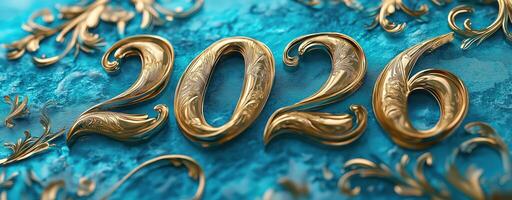 Golden numbers 2026 on elegant blue background with ornate patterns for celebration and invitations photo